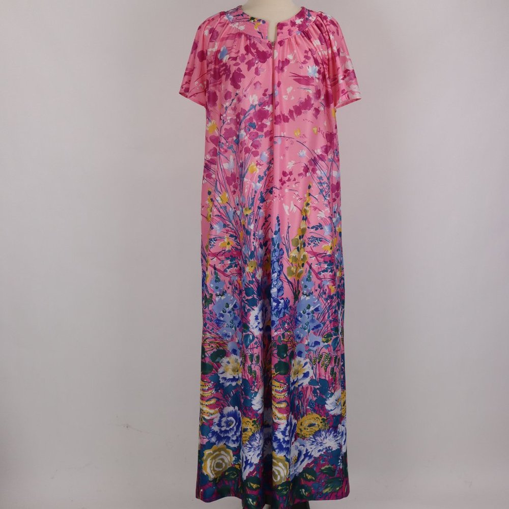 Vtg 1970's Psychedelic Floral Long Caftan Hostess Lounger Dress Nightgown Robe